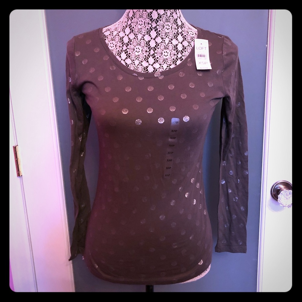 LOFT Metallic Silver Polka Dot Gray Petite Shirt
